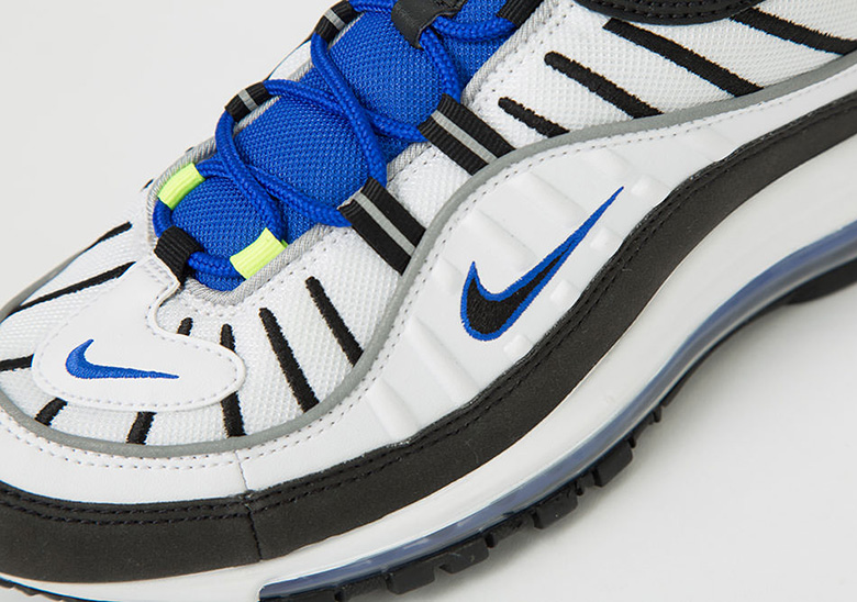 Nike Air Max 98. Release Date: May 10th, 2018 $160. Color:  White/Black-Racer Blue-Volt